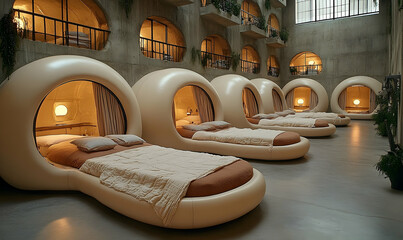 Fototapeta premium Futuristic Pod Hotel Room with Arched Windows and Concrete Walls