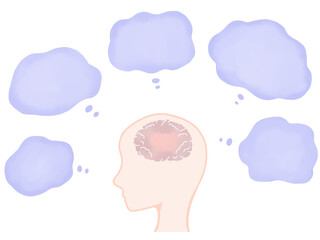 脳疲労や頭痛：疲れた状態の脳とモヤモヤした吹き出し