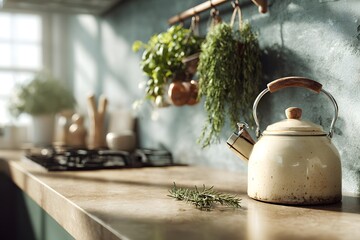 vintage style kitchen counter with enamel kettle and hanging herbs, photorealistic, afternoon light