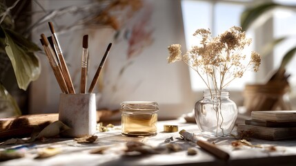 artisan workspace with paintbrushes, water jar, and unfinished canvas, photorealistic