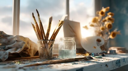 artisan workspace with paintbrushes, water jar, and unfinished canvas, photorealistic