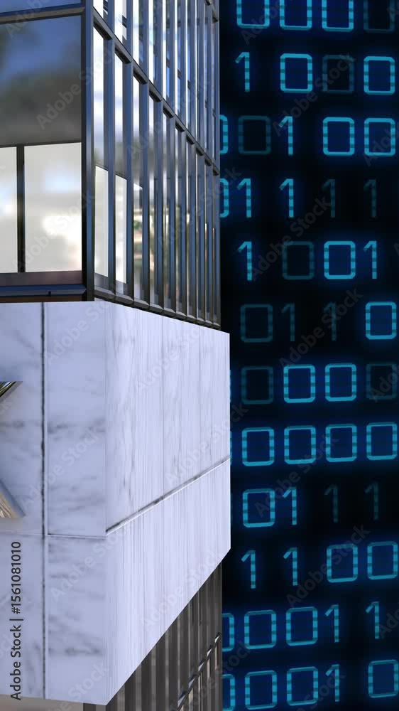 Poster animation of binary coding, financial data processing over bank building