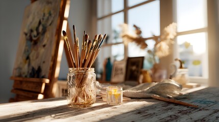 artisan workspace with paintbrushes, water jar, and unfinished canvas, photorealistic