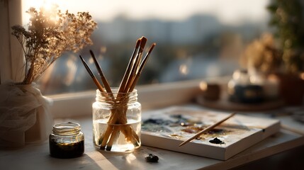 artisan workspace with paintbrushes, water jar, and unfinished canvas, photorealistic