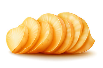 Fresh slices of Yukon Gold potatoes are neatly stacked in this food still life, showcasing culinary ingredients for cooking and delicious nutrition.