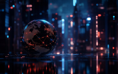 Glowing earth globe with connected lines against a blurred cityscape backdrop