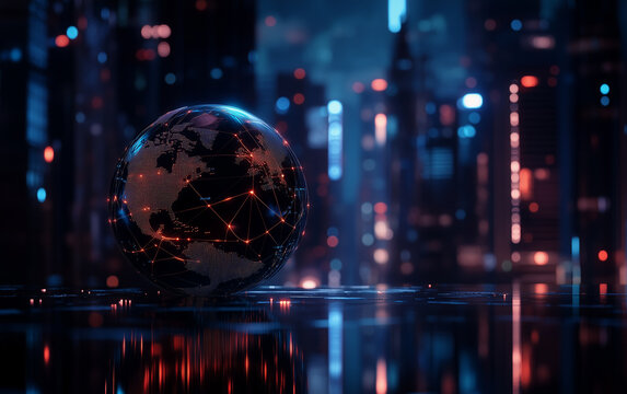 Glowing earth globe with connected lines against a blurred cityscape backdrop