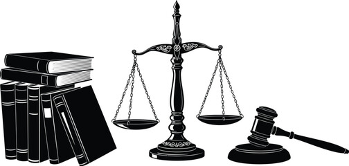 Illustration of law books, scales of justice, and gavel symbolizing legal system and jurisprudence