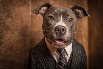 A dog a grey pitbull is dressed in a pinstripe suit collared shirt and necktie