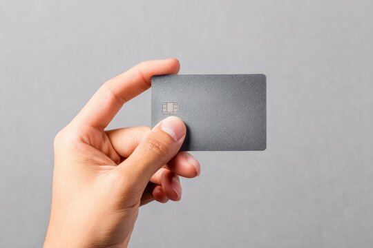 A hand holds a gray EMV chip card against a gray background