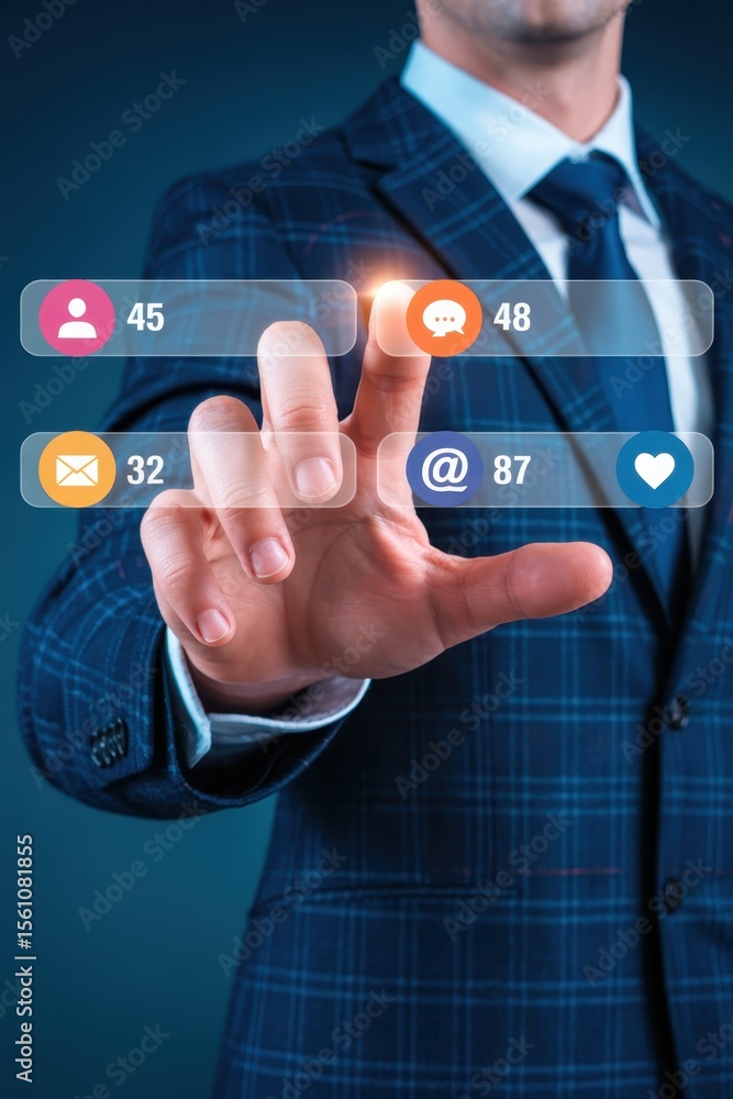 Poster businessman interacts with digital interface displaying social media metrics.