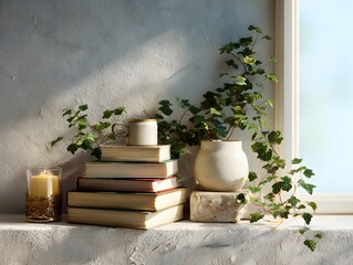 window sill with stacked books, potted ivy, and candle holder, photorealistic