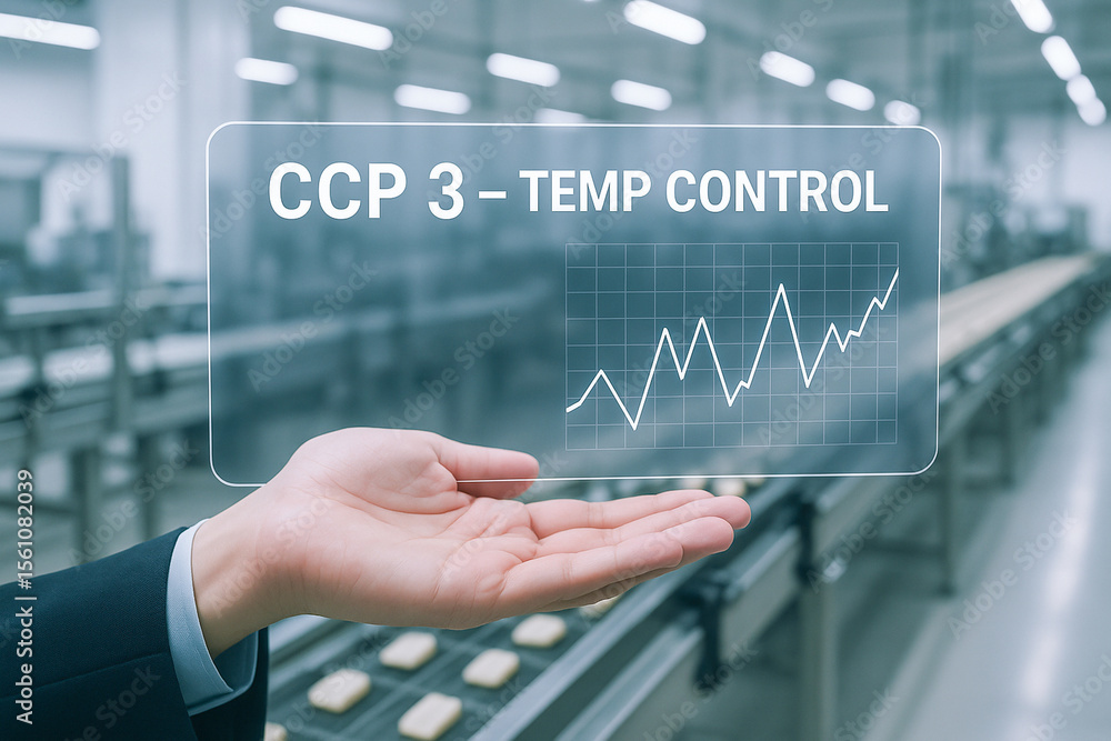 Poster haccp hazard analysis critical control point concept with temperature control graph held by hand in 