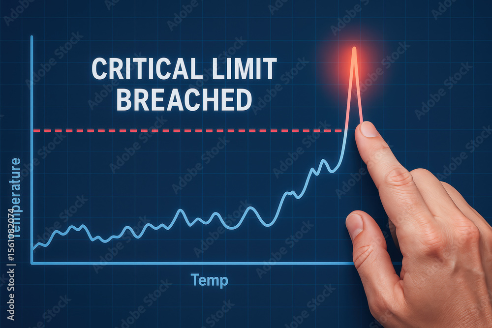 Aufkleber critical limit breached on temperature graph with finger pointing at peak hazard analysis and critic