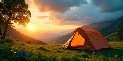 Obraz premium A spacious camping tent pitched in a lush green meadow, bathed in the golden light of sunrise Ready for adventure and a peaceful night under the stars , pegs, morning