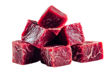 Close up of raw beef cubes, red meat texture.