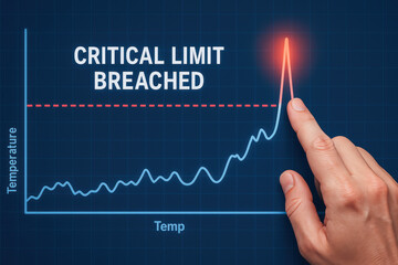 Critical limit breached on temperature graph with finger pointing at peak hazard analysis and critical control point concept for safety