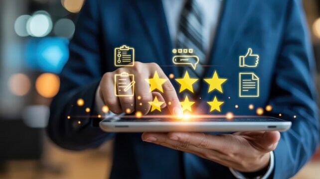 Person interacting with a digital tablet displaying various feedback icons.