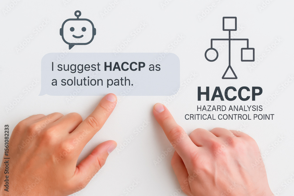 Aufkleber haccp hazard analysis critical control point concept with hands pointing at text and diagram for foo