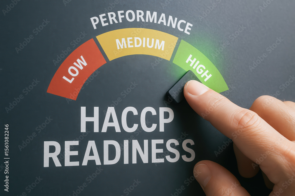 Poster haccp hazard analysis critical control point readiness concept with hand adjusting performance dial 