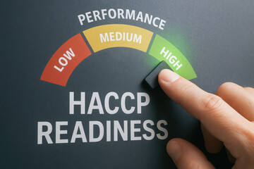 HACCP hazard analysis critical control point readiness concept with hand adjusting performance dial from low to high for safety and quality control
