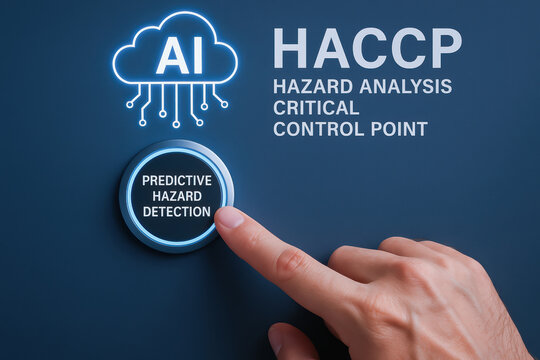 HACCP hazard analysis critical control point concept with finger pressing predictive hazard detection button on digital interface