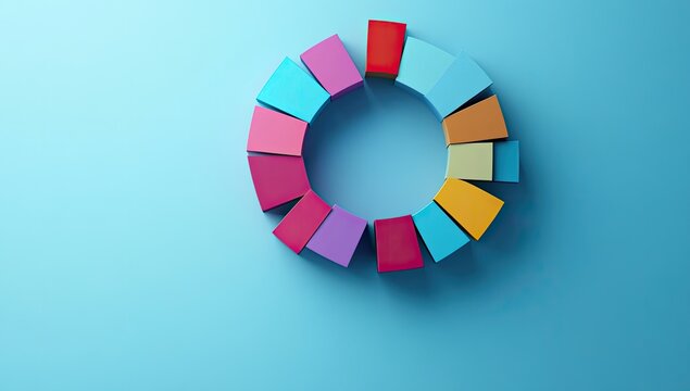 Colorful, 3D pie chart, arranged in a circle, on a light-blue background