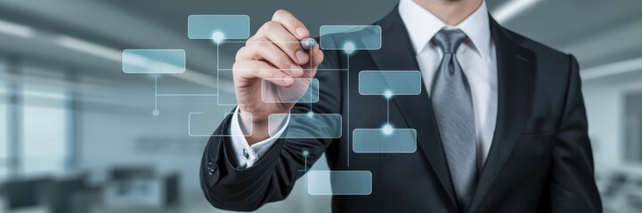 Businessman drawing a flowchart on a transparent screen.