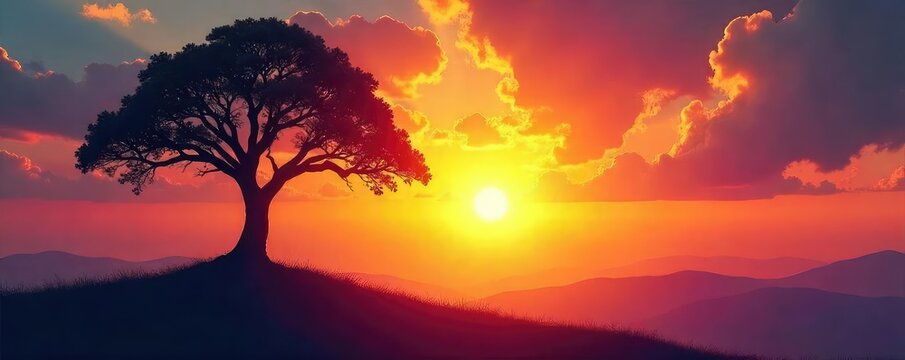 Silhouette of a tree reaching towards a vibrant sunrise, symbolizing spiritual growth and aspiration towards enlightenment and a higher self , enlightenment, potential, meditation