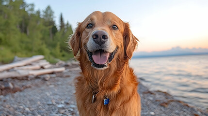 Obraz premium Golden Retriever's Joyful Gaze by Lake at Sunset