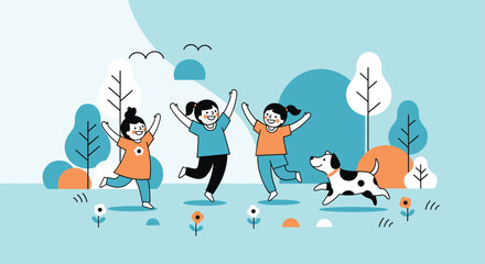 Naklejka premium Joyful Moments Playtime and Exploration A Group of Children Running and Playing with a Dog