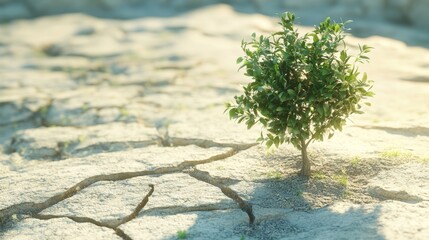 small green tree growing in dry sandy terrain with cracks on sunny day - ai