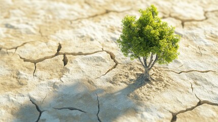 small green tree growing in dry sandy terrain with cracks on sunny day - ai