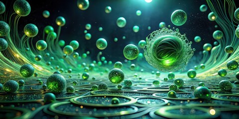 Luminous Green Spheres Flowing Through Abstract Pathways in a Mysterious, Dark Environment