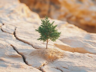 small green tree growing in dry sandy terrain with cracks on sunny day - ai