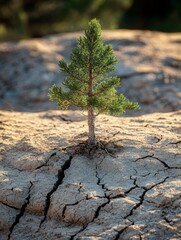 small green tree growing in dry sandy terrain with cracks on sunny day - ai