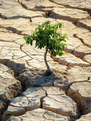 small green tree growing in dry sandy terrain with cracks on sunny day - ai