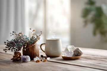 soft focus room with diffuser, crystals, and dried herbs on wood table, photorealistic