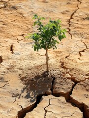 small green tree growing in dry sandy terrain with cracks on sunny day - ai
