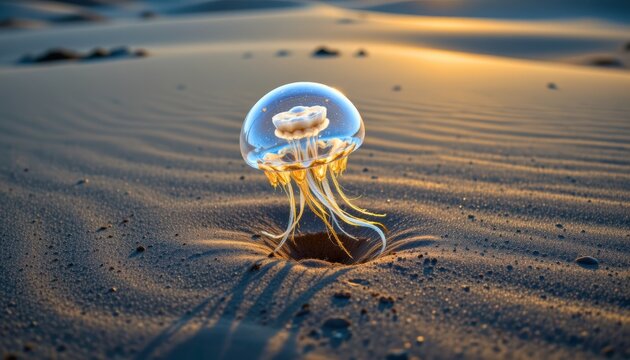 translucent floating jellyfish like creature gliding above desert sand at dawn casting surreal shado