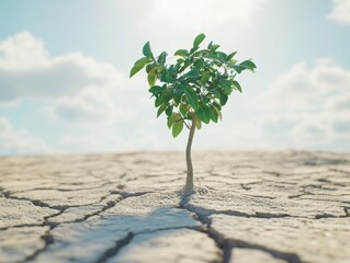 small green tree growing in dry sandy terrain with cracks on sunny day - ai
