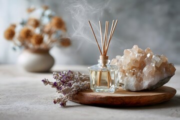 soft focus room with diffuser, crystals, and dried herbs on wood table, photorealistic