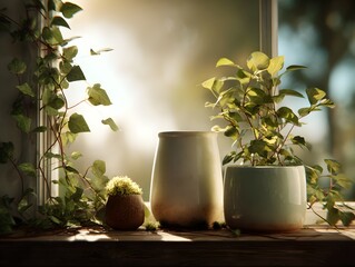 urban jungle windowsill with climbing vines and ceramic pots, photorealistic