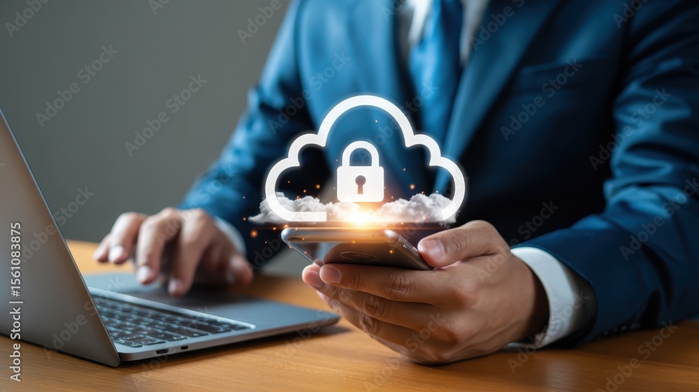 Poster secured cloud data access displayed on a mobile device.