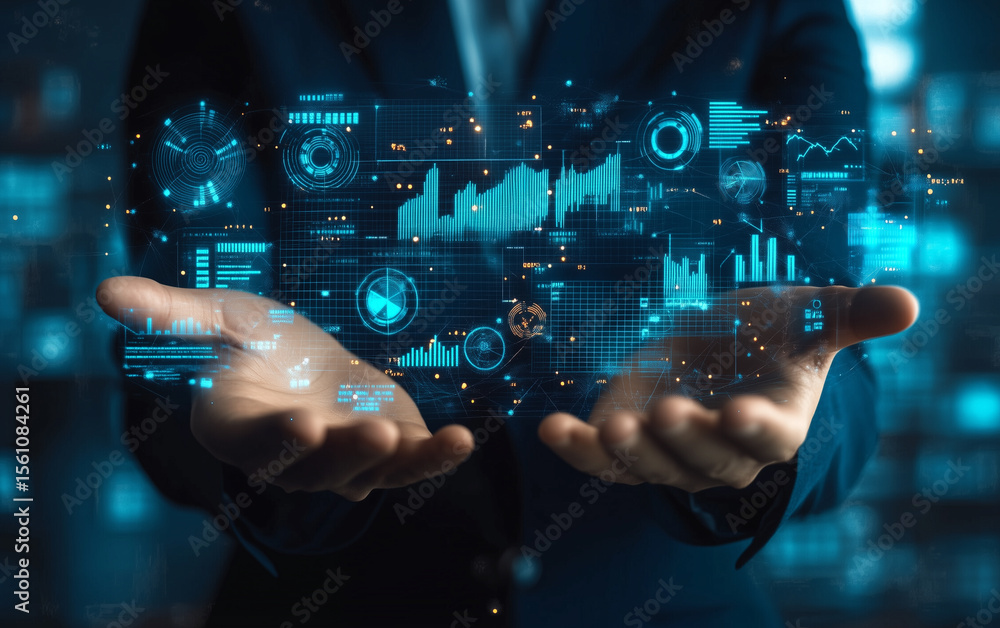 Poster hands presenting glowing digital data charts and graphs in a futuristic style