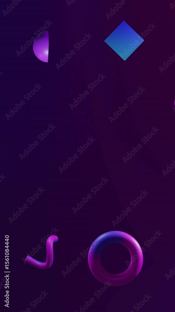 Poster animation of white network structure over 3d blue and purple shapes rotating on dark background