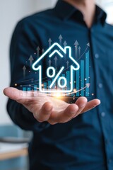Projected house icon with percentage sign, representing real estate investment growth.