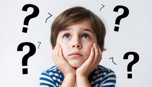 Pensive child looking up and thinking with question marks surrounding him - Powered by Adobe