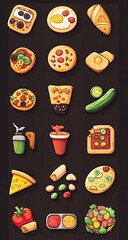 Flat design icons depicting various food items, primarily pizza, pastries, and drinks