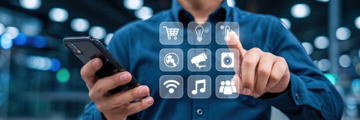 Person interacting with a smart home interface on a mobile device.